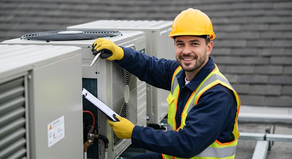HVAC technician fixing AC that is not cooling properly in a residential home