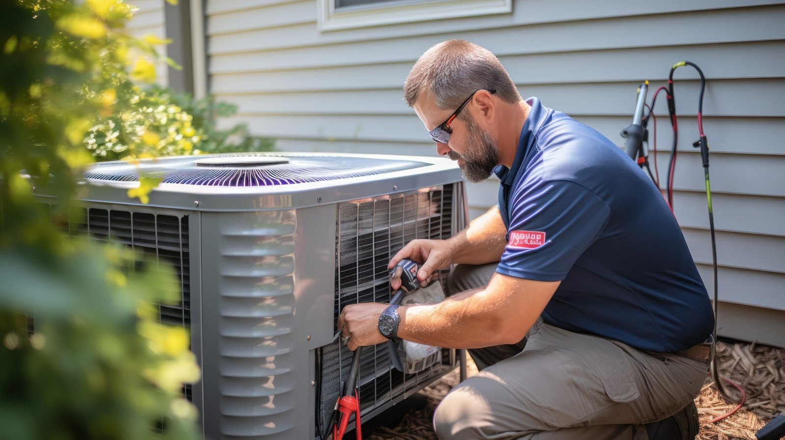 HVAC technician servicing an air conditioning unit.