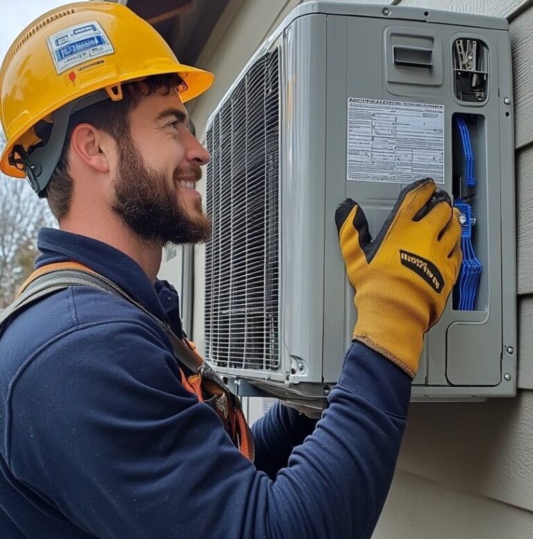 HVAC maintenance checklist. HVAC technician performing spring maintenance on a home air conditioning unit.